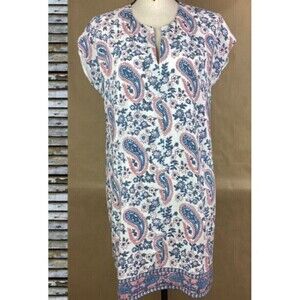 New Madewell Blue and Pink Paisley 100% Silk V Neck Shift Dress Womens M